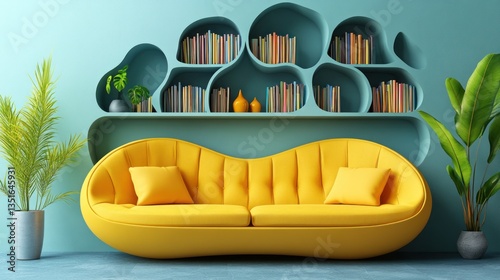 Yellow couch in modern room with unique bookshelf