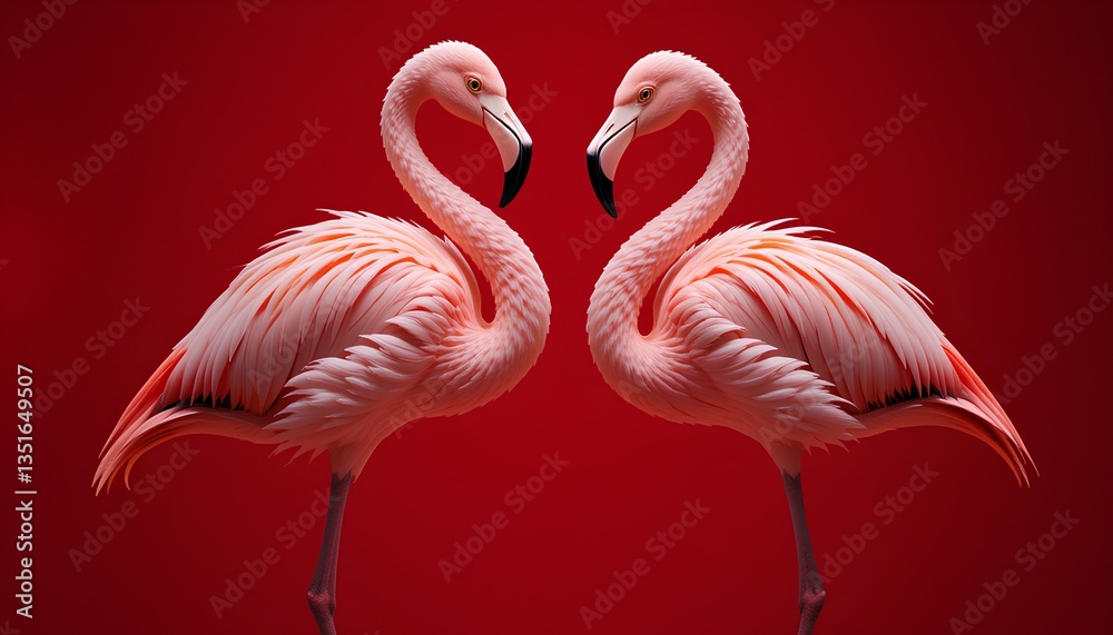 Fototapeta premium Vibrant Pink Flamingos Silhouetted Against a Bold Red Background