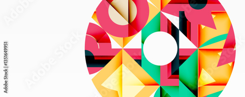 Abstract geometric artwork with interwoven angular and curved shapes, dynamic composition with smooth gradients and bold contrasts