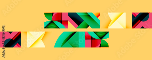 Abstract geometric artwork with interwoven angular and curved shapes, dynamic composition with smooth gradients and bold contrasts