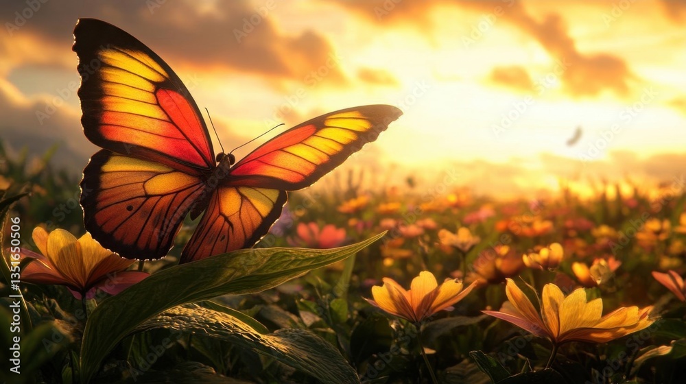 Fototapeta premium Colorful Orange And Yellow Butterfly Fluttering Over Vibrant Flowers During Sunset In Nature