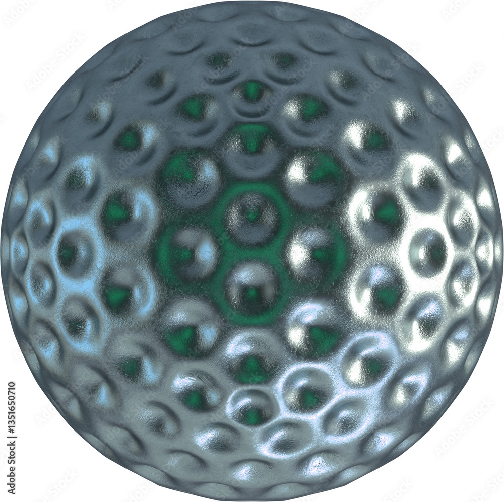 Futuristic metallic sphere with circular indents and green glow. Reflective surface with textured finish ideal for digital sci-fi art and modern 3D design projects Futuristic metallic sphere with circular indents and green glow. Reflective surface with textured finish ideal for digital sci-fi art and modern 3D design projects