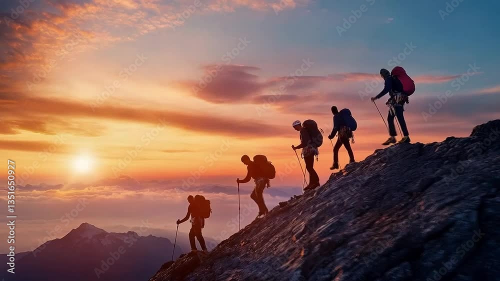 A group of people are climbing a mountain, with the sun setting in the background. Smooth repeating motion for background video animation. A group of people are climbing a mountain, with the sun setting in the background. Smooth repeating motion for background video animation.