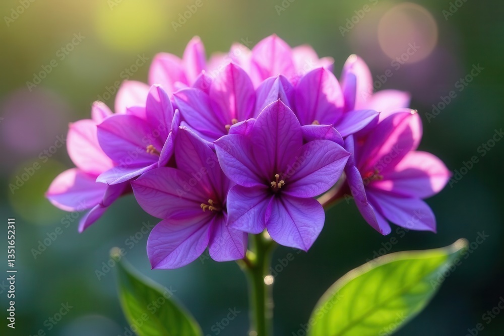 Vibrant Purple Flowers Basking in Golden Sunlight A Close-Up View of Delicate Petals and Lush Green Foliage Vibrant Purple Flowers Basking in Golden Sunlight A Close-Up View of Delicate Petals and Lush Green Foliage