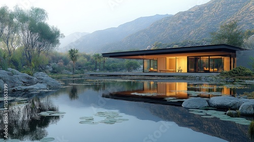 Modern house nestled in serene mountain landscape, reflected in tranquil pond