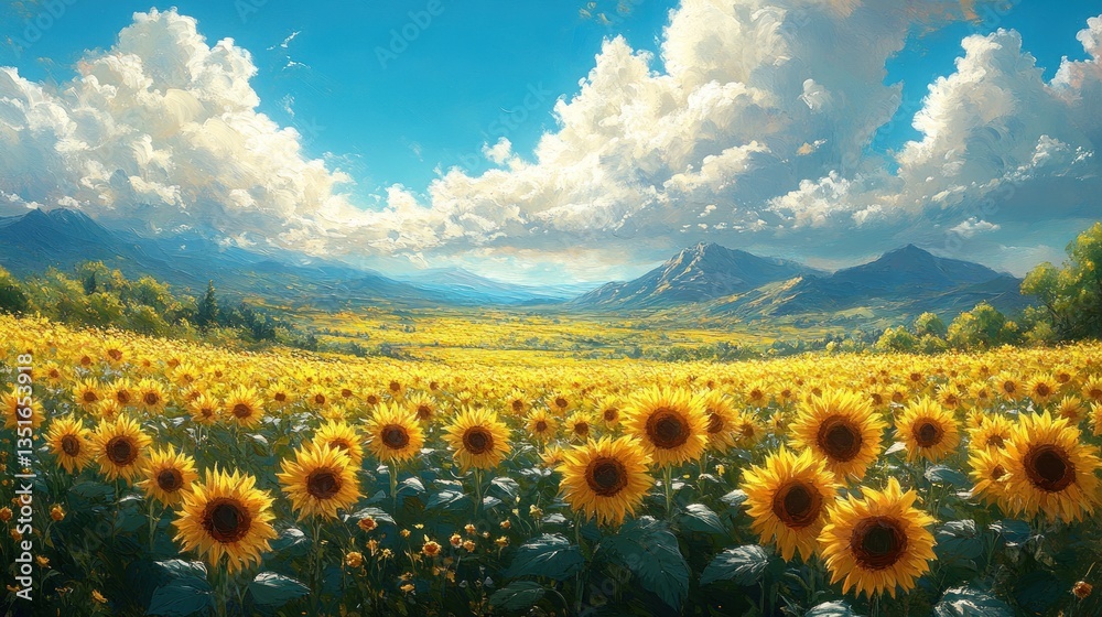 Obraz premium Sunny Sunflower Field, Mountain View, Beautiful Landscape