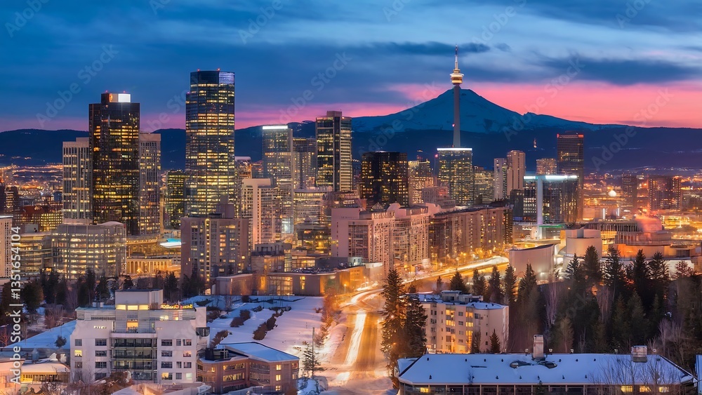 Obraz premium A breathtaking city skyline at dusk, illuminated by vibrant lights