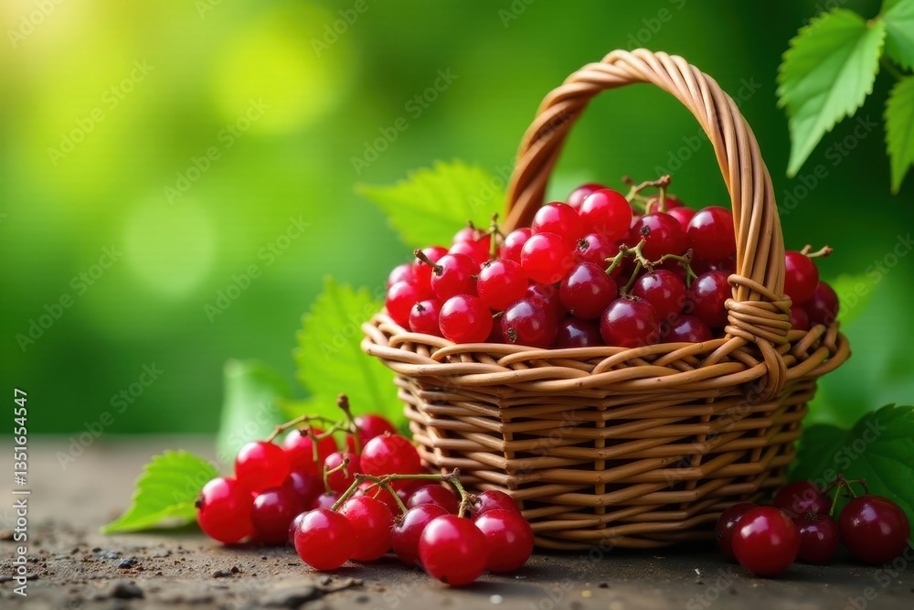 Wicker basket brimming with dark red currants against vibrant green foliage , green, picking, leaf Wicker basket brimming with dark red currants against vibrant green foliage , green, picking, leaf
