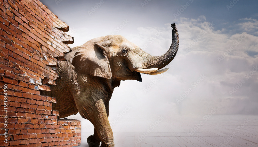 Fototapeta premium artistic elephant sculpture breaking through brick walls creative design modern style copy space