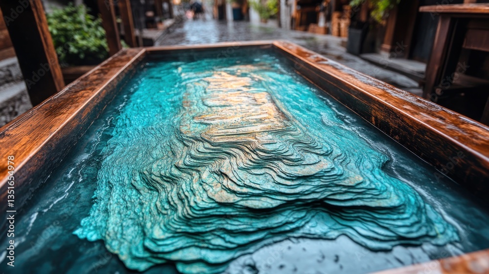 Obraz premium Detailed terrain model encased in resin, displayed on wooden frame. Intricate layers depict topography