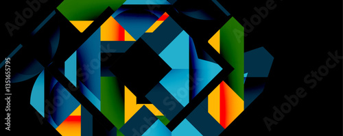 Abstract geometric artwork with interwoven angular and curved shapes, dynamic composition with smooth gradients and bold contrasts