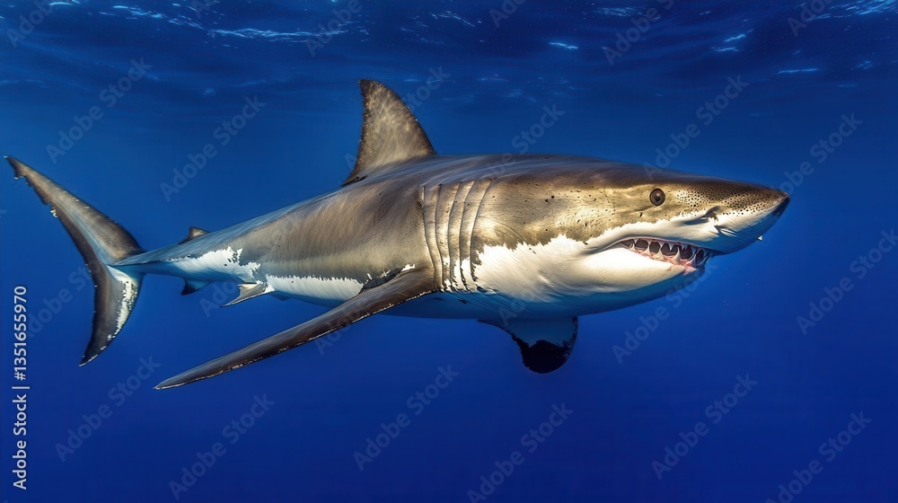 Fototapeta premium Great White Shark Swimming Gracefully Underwater in the Clear Blue Ocean