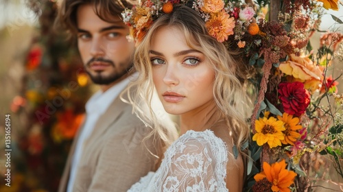 Couple posing amidst autumnal floral arch.  Woman in lace dress, man in tan jacket