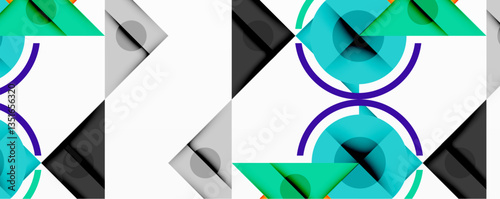 Geometric abstract design with layered triangles, circles, and gradients, forming a structured pattern with sharp contrasts and depth