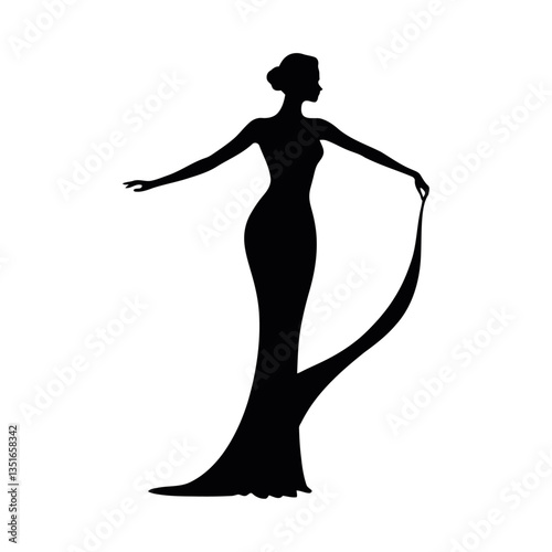 A simple black and white vector illustration of a sophisticated woman posing with elegance on a clean white background