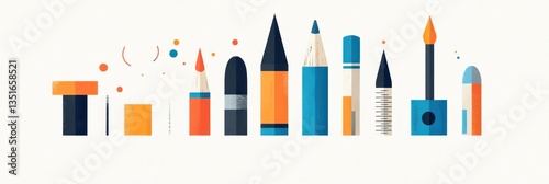 Colorful art supplies arranged in a row.  Various pencils, crayons, and a brush