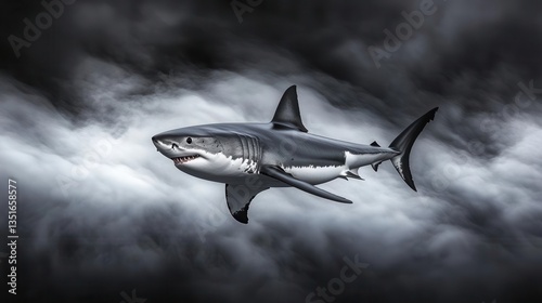 Wallpaper Mural Great White Shark Swimming Through Dark and Stormy Ocean Waters with Dramatic Lighting Torontodigital.ca
