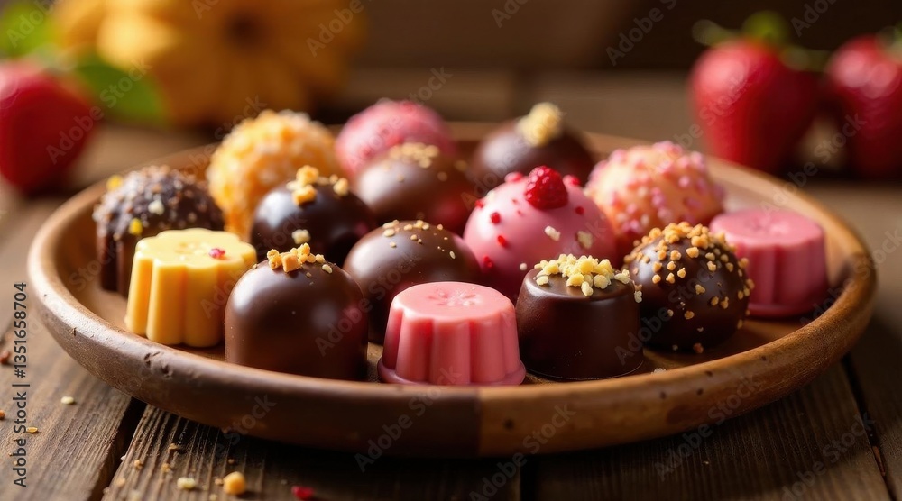 A delectable assortment of gourmet chocolates, elegantly arranged on a rustic wooden plate, features a variety of rich flavors and textures, perfect for a special occasion or intimate gathering. A delectable assortment of gourmet chocolates, elegantly arranged on a rustic wooden plate, features a variety of rich flavors and textures, perfect for a special occasion or intimate gathering.