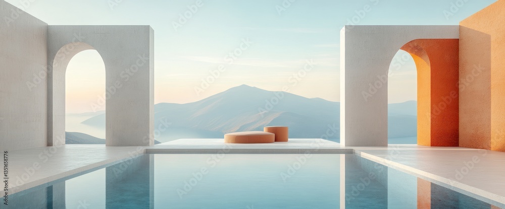 Fototapeta premium Serene poolside view with mountains in the background, minimalist architecture