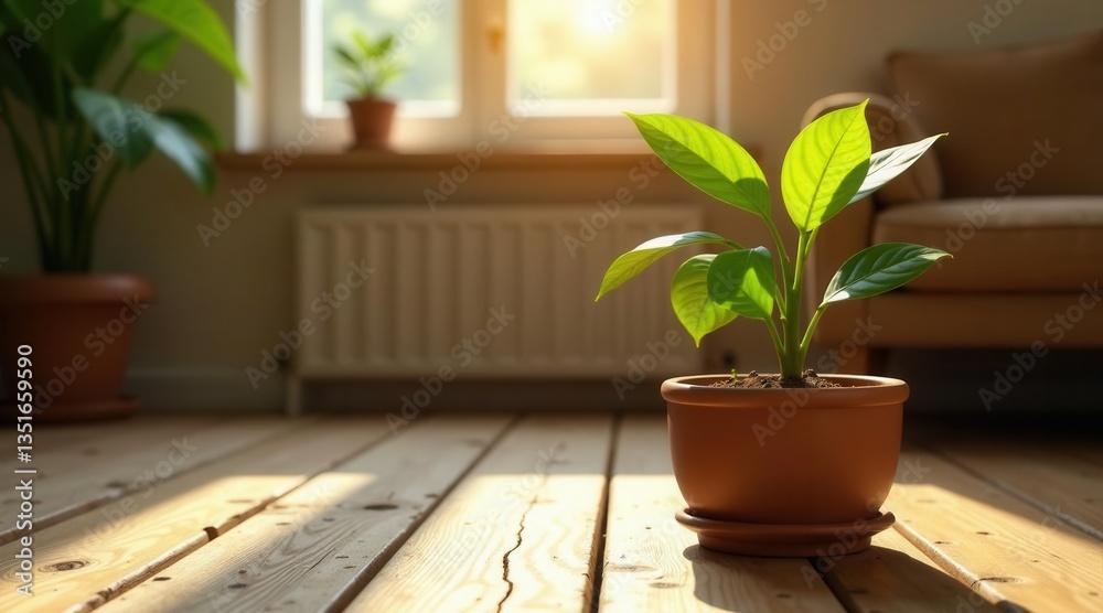 Sunlight Illuminates a Vibrant Green Plant in a Terracotta Pot on a Wooden Floor, Creating a Serene and Peaceful Atmosphere in a Home Interior Sunlight Illuminates a Vibrant Green Plant in a Terracotta Pot on a Wooden Floor, Creating a Serene and Peaceful Atmosphere in a Home Interior