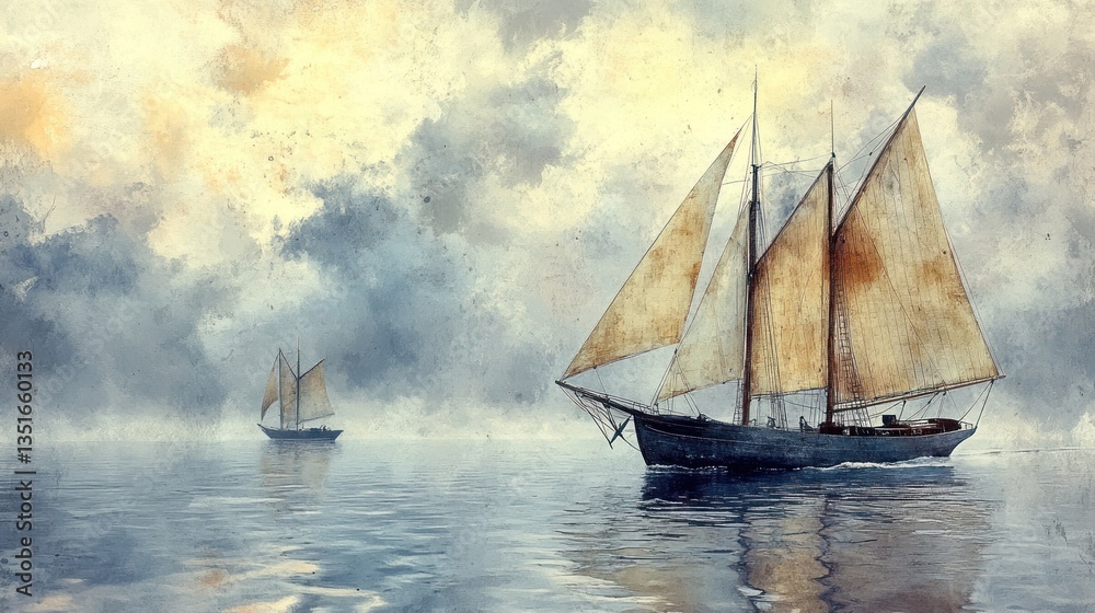 Fototapeta premium Two sailing ships on calm sea, misty background