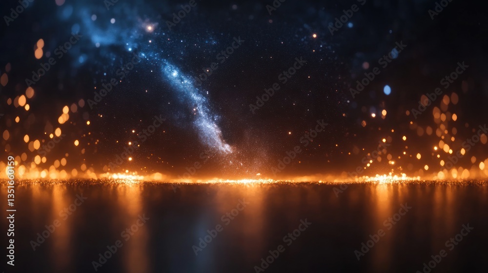 Dark, reflective surface with orange and blue glowing particles, resembling a cosmic scene Dark, reflective surface with orange and blue glowing particles, resembling a cosmic scene