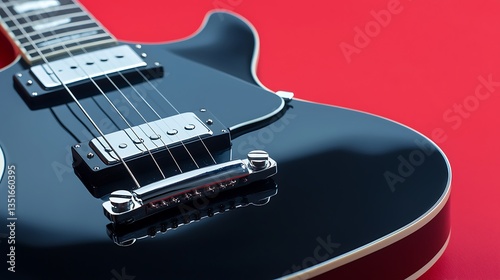 Close-up of a glossy black electric guitar's body and bridge, set against a vibrant red backdrop
