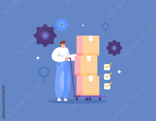 inventory management concept. organizing and controlling inventory of goods or products. illustration of a warehouse staff pushing some boxes or inventory items. jobs and tasks. flat style design