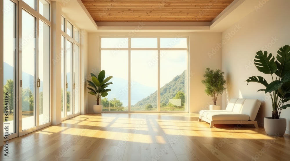 Fototapeta premium Serene Minimalist Living Room with Expansive Views and Sunlight Streaming Through Large Windows