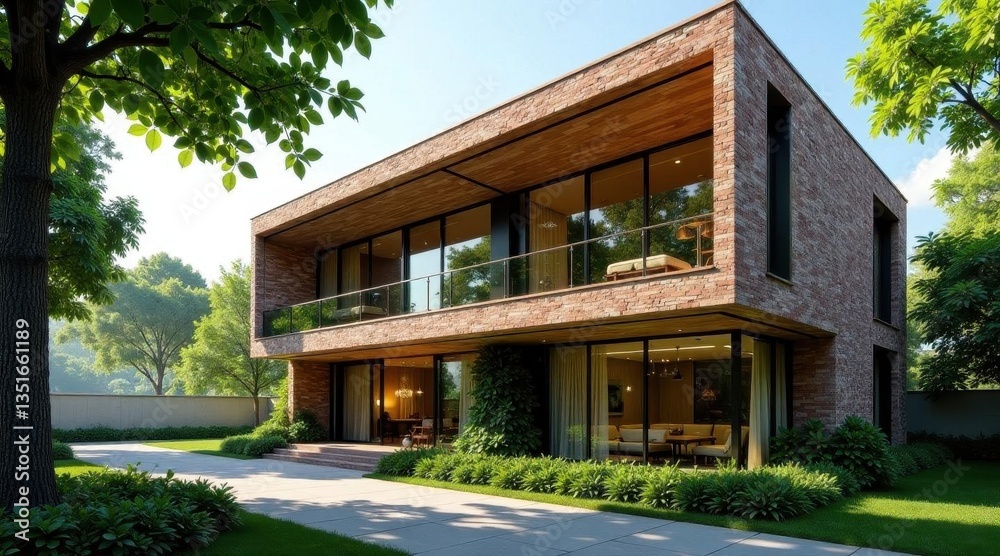 Modern Brick Home with Expansive Windows and Lush Landscaping Featuring a Walkway and Green Lawn Modern Brick Home with Expansive Windows and Lush Landscaping Featuring a Walkway and Green Lawn