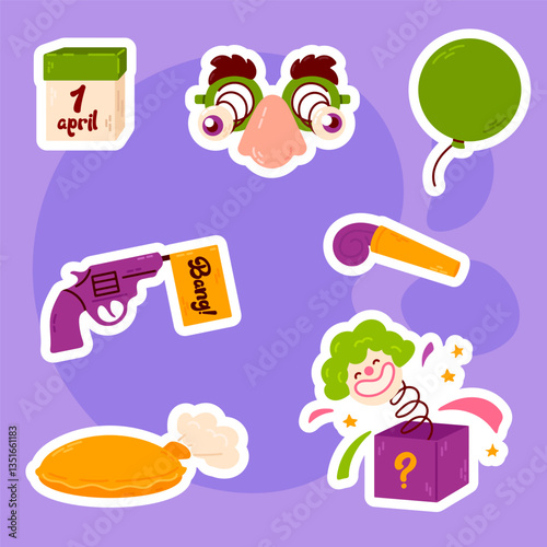 A colorful sticker pack on a purple background featuring playful prank items like funny glasses, surprise boxes, and toy guns
