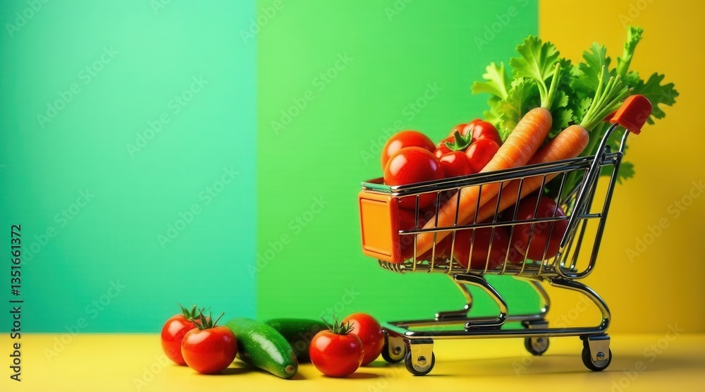 Miniature Shopping Cart Filled with Fresh Produce Against Vibrant Background Miniature Shopping Cart Filled with Fresh Produce Against Vibrant Background