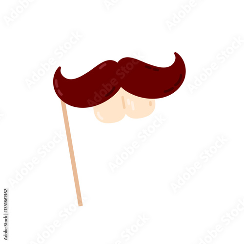 A black fake mustache on a wooden stick, great for disguises and joke props