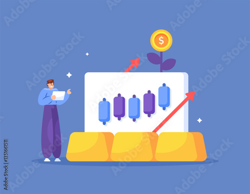 gold investment concept. increase in price and profit from gold sales every year. profit and success. illustration of a businessman or entrepreneur looking at gold bar price data. flat style design