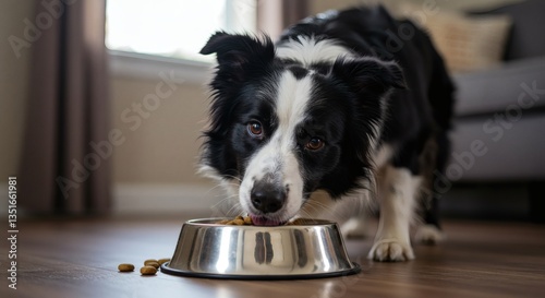 Black and white border collie eats dog food from a bowl