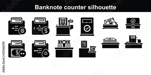 Money Transfer Black Line & Fill Vector Icon Banknote counter putting money into currency counting machine outline vector illustration, putting currency into Vector Cash Counter Glyph Gradient Icon
  