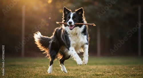 Black and white border collie jumping with a stick in its mouth