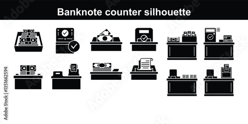 Money Transfer Black Line & Fill Vector Icon Banknote counter putting money into currency counting machine outline vector illustration, putting currency into Vector Cash Counter Glyph Gradient Icon
  