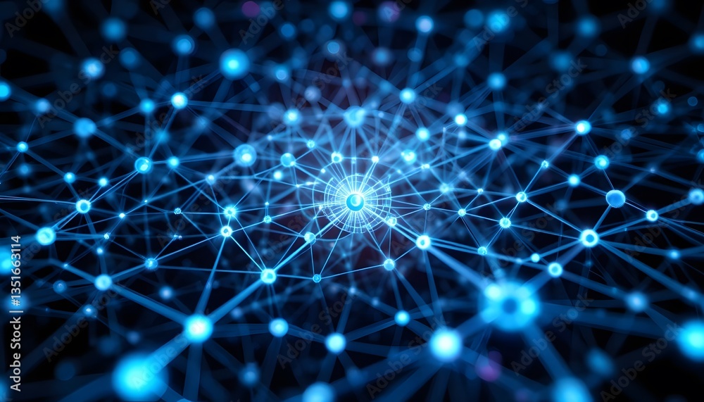 Abstract Blue Glowing Network with Connected Nodes and Lines on Dark Background, Abstract Blue Glowing Network with Connected Nodes and Lines on Dark Background,