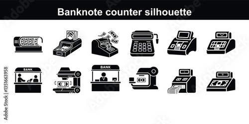 Money Transfer Black Line & Fill Vector Icon Banknote counter putting money into currency counting machine outline vector illustration, putting currency into Vector Cash Counter Glyph Gradient Icon
  