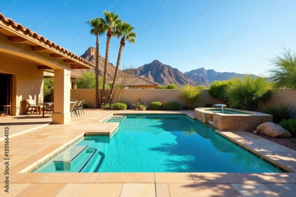Fototapeta premium Arizona travertine pool deck, desert backdrop, bright, water, style