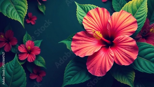 Bold, graphic hibiscus blooms, vibrant tropical leaves , leaves, tropical, colorful