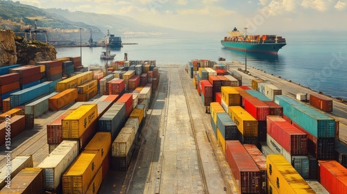 Colorful containers line the dock at a busy port where ships are loading and unloading cargo on a bright day