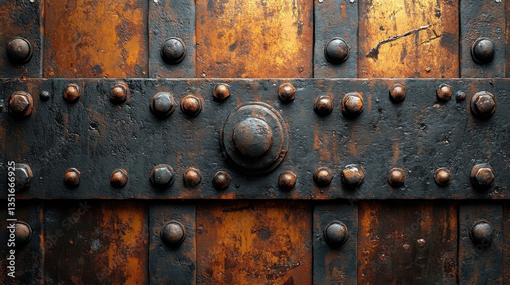 Close Up View of Weathered Rusty Metal Door Panel with Rivets and Bolts Close Up View of Weathered Rusty Metal Door Panel with Rivets and Bolts