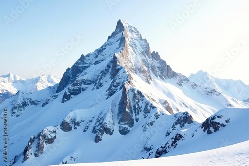 Snow-covered mountain peak, pristine white canvas, calm, crisp, rocks