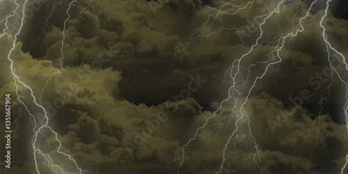 Mountainous Cumulus Clouds Boiling in the Summer Sky. White cloudiness, mist or smog overlay backgrounds. Wide sky and clouds dark tone. Dark cloud at evening sky with thunder bolt .