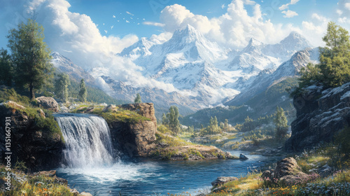 Gentle waterfall in a serene mountain setting with snow-capped peaks in the distance