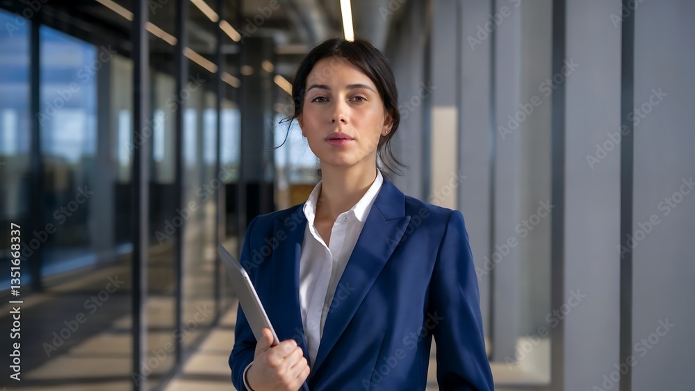 A confident professional woman in a business suit holding a tablet in a modern office hallway A confident professional woman in a business suit holding a tablet in a modern office hallway