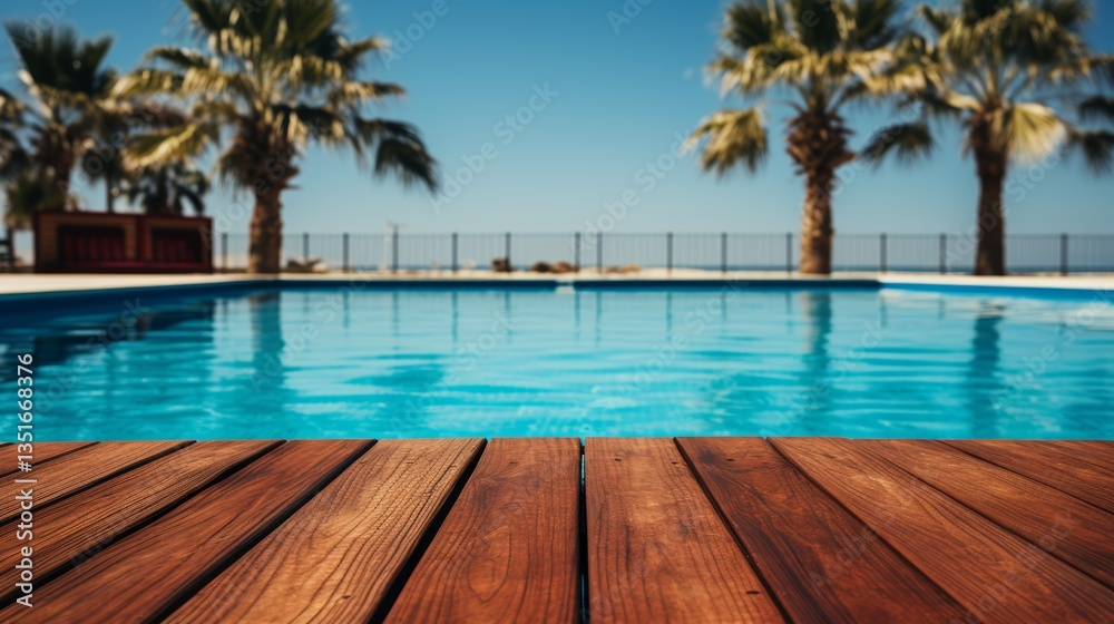 Wooden board empty table background. abstract blurred swimming pool background Wooden board empty table background. abstract blurred swimming pool background