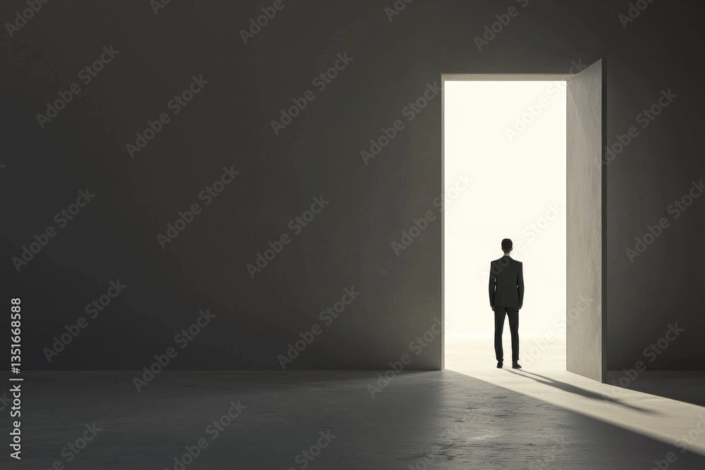 A person in formal attire stands at an open door, gazing into a bright space representing hope, possibilities, and new beginnings A person in formal attire stands at an open door, gazing into a bright space representing hope, possibilities, and new beginnings